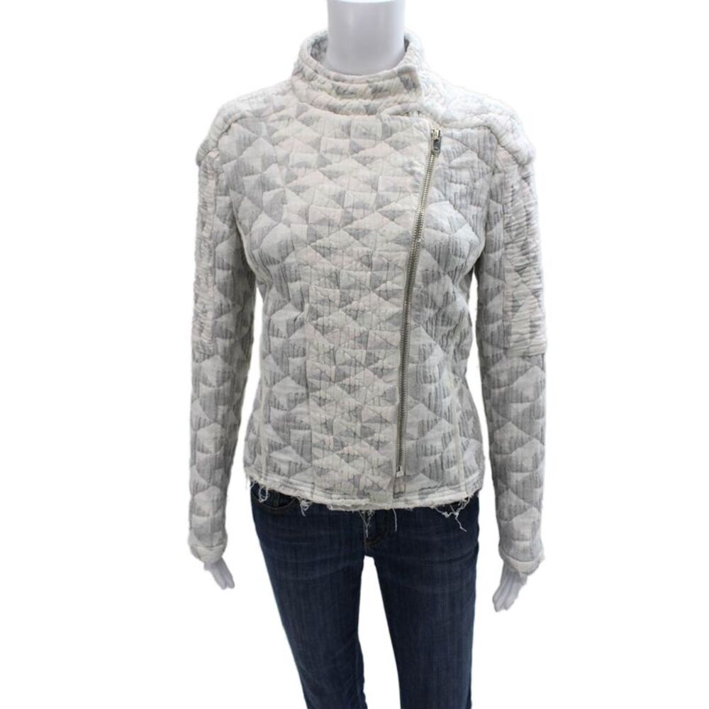 IRO Women Biker Jacket White Cotton Blend Geometric Long Sleeve Zip Size 38